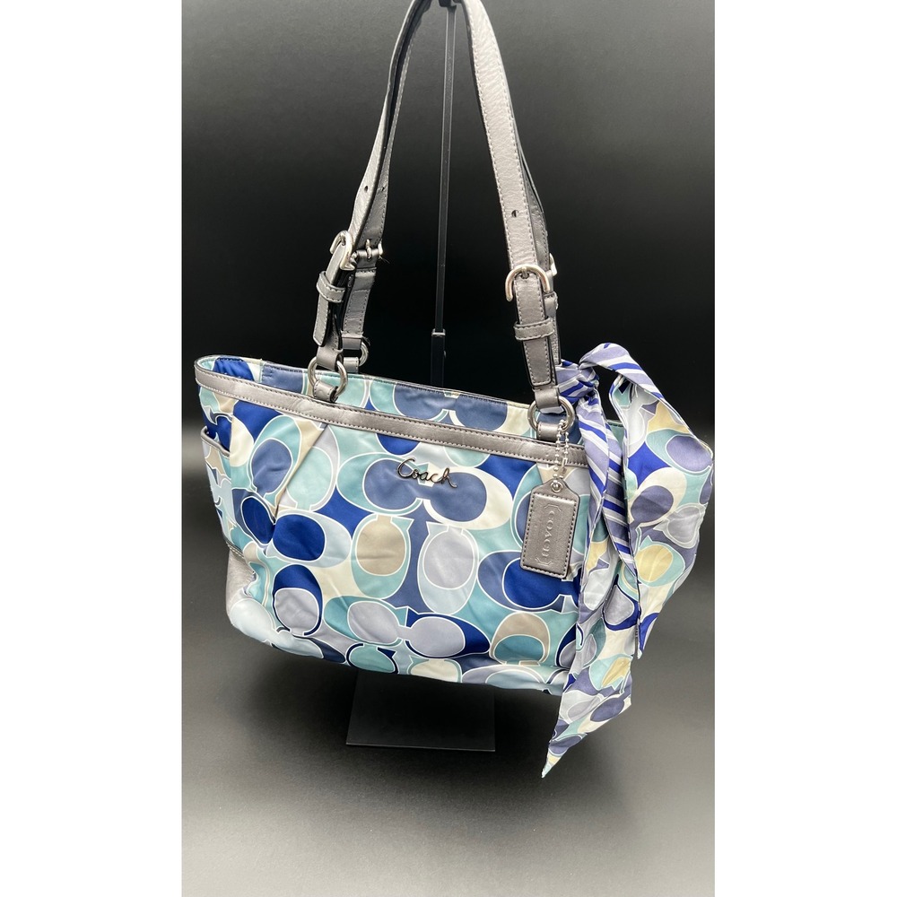 Coach Poppy Optic C Sateen Tote Bag Blue Teal Silver Metallic Leather Scarf